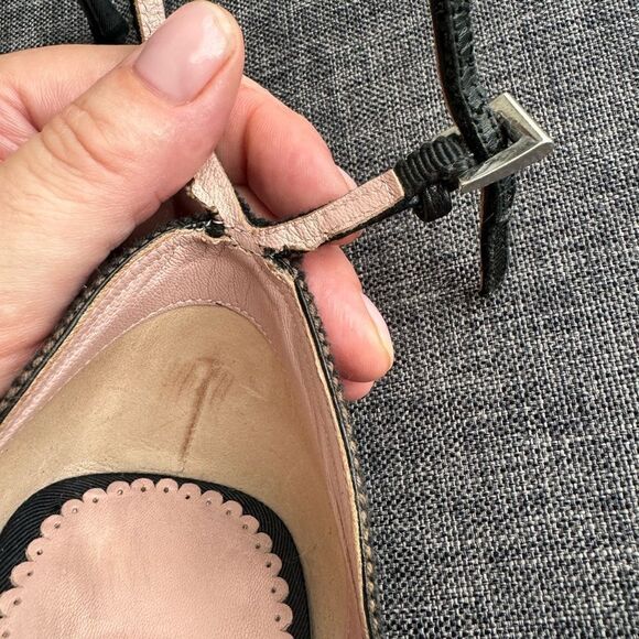 Prada Blue, Black, and Brown Grosgrain Striped Ankle Strap Heels with Bow Sz 40 - Picture 14 of 16